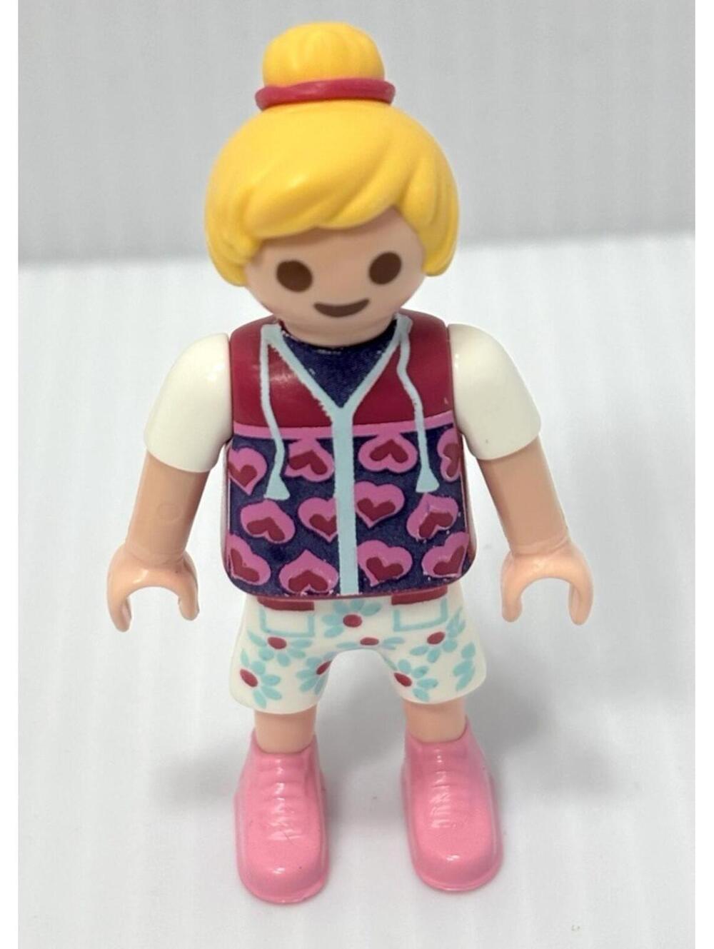 Playmobil Female Figure Blonde Girl - Patterned Vest & Pink Boots - GUC Toy